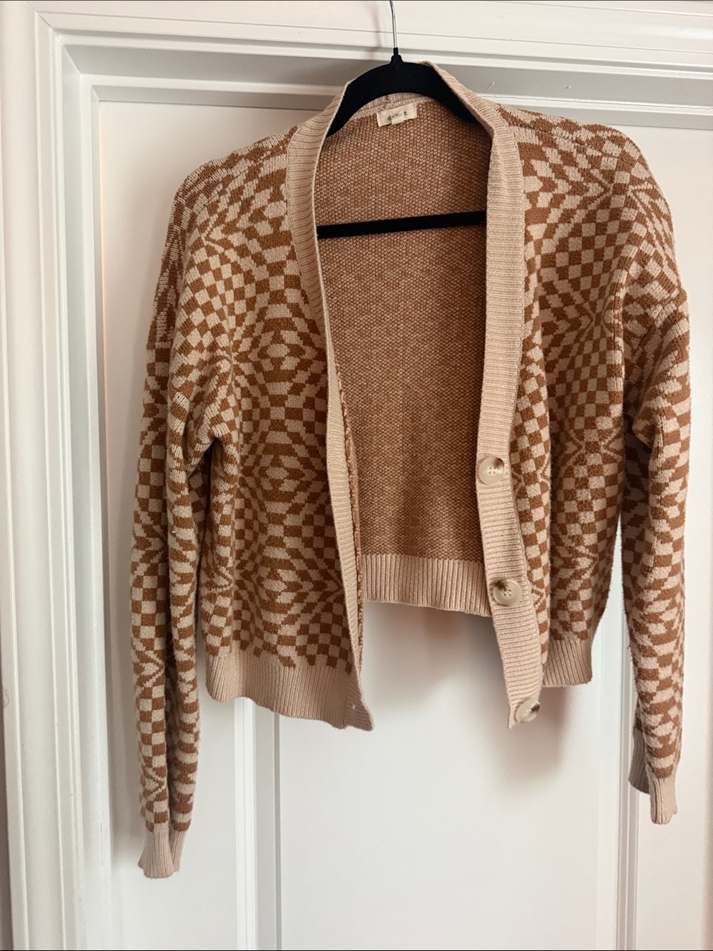 Women's Two-Tone Tan Checkered Cardigan Sweater